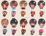  6+boys animal_ears animification ankh_(ooo) arcle_(kuuga) artist_name banjou_ryuuga black_hair blue_eyes braid brown_hair build_driver ceii_(ceiikachu) character_request chibi chocolate coat commentary compound_eyes curtained_hair dragon_horns english_commentary eyewear_hang fang fullbottle gamer_driver grid_background hand_on_own_chest hand_up hands_up heterochromia hino_eiji hood hoodie horns houjou_emu in-franchise_crossover inoue_shouma jacket jewelry kamen_rider kamen_rider_blade kamen_rider_blade_(series) kamen_rider_build kamen_rider_build_(series) kamen_rider_cross-z kamen_rider_den-o kamen_rider_den-o_(series) kamen_rider_ex-aid kamen_rider_ex-aid_(series) kamen_rider_gavv kamen_rider_gavv_(series) kamen_rider_kuuga kamen_rider_kuuga_(series) kamen_rider_ooo kamen_rider_ooo_(series) kamen_rider_ooo_(tatoba_combo) kamen_rider_valen l_hand lab_coat layered_clothes long_sleeves looking_at_viewer mole mole_under_eye multiple_boys necklace ooo_driver open_clothes open_coat open_jacket open_mouth pink_hair rabbit_ears red_eyes rider_belt rider_gashat shirt short_hair smile sparkle stethoscope_around_neck thumbs_up tokusatsu twitter_username underwear unworn_eyewear v watermark white_coat white_shirt yellow_shirt 