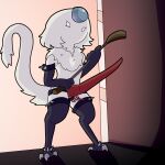 1:1 absurd_res clothing dildo dominant dominant_female dominatrix female fluffy fraid full-length_portrait gloves handwear hi_res legwear light portrait riding_crop sex_toy shizameakanzatsu size_difference smaller_female solo spikes strapon tail whip white_body