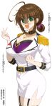  1girl ahoge belt black_belt black_choker blush bra breast_pocket breasts brown_hair chamumi_(mochiumee) choker cleavage commentary_request epaulettes female_admiral_(kancolle) folded_ponytail green_eyes hair_between_eyes highres jacket kantai_collection large_breasts looking_at_viewer military_uniform mole mole_on_breast mole_on_thigh mole_under_mouth open_mouth pocket purple_bra sidelocks skirt translation_request underwear white_jacket white_skirt 