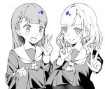  2girls :d braid center-flap_bangs ceras_yanagida_lilienfeld closed_mouth dollchestra double_w dress feet_out_of_frame greyscale hair_ribbon hand_on_own_knee hasu_no_sora_school_uniform highres kachimachi_kosuzu kai_(shell) long_hair long_sleeves love_live! love_live!_hasu_no_sora_jogakuin_school_idol_club medium_dress monochrome multiple_girls neckerchief open_mouth pantyhose pleated_dress ribbon sailor_collar school_uniform side_braids simple_background smile spot_color squatting teeth upper_teeth_only virtual_youtuber w white_background winter_uniform 