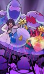  1girl arctovish arctozolt black_hair cara_liss closed_eyes coat commentary crowd dirty dirty_face dirty_hands dracovish dracozolt english_commentary head_tilt highres holding holding_microphone lab_coat long_sleeves microphone nostrils o_o open_mouth pokemon pokemon_(creature) pokemon_sword_and_shield short_hair smile snot thick_lineart white_coat xdeaddragonx98 