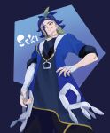  1boy absurdres adaman_(pokemon) arm_wrap blue_coat blue_hair brown_eyes character_name closed_mouth coat collar commentary_request earrings eyebrow_cut from_below green_hair hand_on_own_hip hand_wraps highres jewelry komashi looking_down male_focus multicolored_hair neck_ring open_clothes open_coat pokemon pokemon_legends:_arceus revision short_sleeves smile solo 