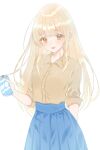  1girl blonde_hair blue_skirt blush brown_background brown_shoes can collared_shirt commentary_request cowboy_shot drink_can highres holding holding_can long_hair looking_at_viewer mirin_milkshake open_mouth orange_eyes otonari_no_tenshi-sama_ni_itsu_no_mani_ka_dame_ningen_ni_sarete_ita_ken pleated_skirt shiina_mahiru_(otonari_no_tenshi-sama) shirt shirt_tucked_in shoes simple_background skirt smile solo standing straight_hair three-quarter_sleeves very_long_hair 