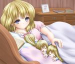  alice_margatroid alternate_costume bad_id bad_pixiv_id bed blonde_hair blue_eyes book bow chest_of_drawers hair_bow looking_at_viewer nightgown open_book pajamas photo_(object) pillow shanghai_doll short_hair short_sleeves sleeping smile solo touhou under_covers yosiaki 