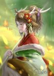  antlers bell brown_hair flower fur_trim green_eyes hair_flower hair_ornament japanese_clothes kano_(p&amp;d) kimono leaf maple_leaf oriental_umbrella ponytail puzzle_&amp;_dragons scotishfold solo umbrella 