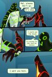 1_eye 4_fingers aether_(strawberryoverlord) alien ambiguous_gender arm_grab ben_10 black_body blue_background cartoon_network circuit_markings claws comic countershading detailed_background dialogue duo english_text fan_character fingers galvanic_mechamorph glistening glistening_body goo_creature green_markings hi_res light lighting lumen_fox male malware_(ben_10) markings metallic_body not_furry overweight red_markings shaded silver_countershading simple_background size_difference speech_bubble spikes spikes_(anatomy) standing star_(marking) tail text white_body white_countershading