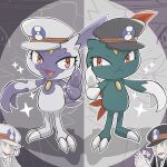  2boys 2others :< clapping claws commentary_request emmet_(pokemon) eyelashes grey_hat hat highres hisuian_sneasel ingo_(pokemon) looking_at_viewer multiple_boys multiple_others peaked_cap pokemon pokemon_(creature) pokemon_black_and_white red_eyes runachikku sneasel 