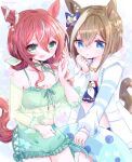  2girls absurdres animal_ears bare_shoulders bikini bikini_shorts blue_bikini blue_eyes blue_swim_trunks blush braid breasts brown_hair cheval_grand_(summer_calm_navy_drop)_(umamusume) cheval_grand_(umamusume) collarbone commentary_request green_bikini green_eyes hair_between_eyes hair_ornament half_up_braid half_up_half_down_braid heart heart_necklace highres holding holding_swim_ring hood hooded_jacket horse_ears horse_girl horse_tail jacket jewelry long_hair multicolored_hair multiple_girls navel necklace official_alternate_costume official_alternate_hairstyle open_clothes open_jacket open_mouth reya_p_d3 see-through_clothes shorts small_breasts smile streaked_hair swim_ring swimsuit tail umamusume white_jacket white_streaks win_variation_(principal_on_the_water_surface)_(umamusume) win_variation_(umamusume) 