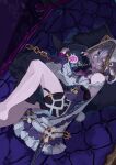  1girl animal_ears bare_legs bare_shoulders barefoot blue_eyes breasts cat_ears chain commentary_request couch cross detached_sleeves hair_between_eyes highres holding honkai_(series) honkai_impact_3rd hood hood_up long_sleeves looking_at_viewer lying on_couch on_side pillow puffy_long_sleeves puffy_sleeves purple_nails purple_ribbon ribbon small_breasts solo theresa_apocalypse theresa_apocalypse_(schicksal's_imperative) twitter_username un_sosp1ro white_hair white_hood 