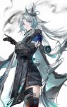  1girl absurdres animal_ears arcane_(arknights) arknights arknights:_endfield asymmetrical_gloves bird_ears bird_girl black_cape black_gloves blue_cape blue_eyes cape chinese_commentary chunbuchou commentary_request facial_mark forehead_mark gloves grey_hair head_wings highres long_hair mismatched_gloves multicolored_cape multicolored_hair solo thighhighs two-sided_gloves two-tone_cape white_background white_gloves wings 