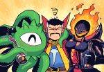  2boys ^_^ alcohol armor beard belt black_hair blush bottle brown_belt cape closed_eyes crossover doctor_strange dormammu drunk facial_hair fire highres holding holding_bottle male_focus marvel marvel_vs._capcom marvel_vs._capcom_3 monster multicolored_hair multiple_boys mustache one-eyed rariatto_(ganguri) red_cape shirt short_hair shuma_gorath squiggle sweatdrop tentacles two-tone_hair upper_body white_hair wine_bottle yellow_background 