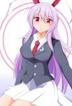  1girl :< absurdres animal_ears black_jacket blazer blue_background breasts closed_mouth collared_shirt commentary gradient_background grey_jacket highres jacket long_hair long_sleeves looking_at_viewer medium_breasts necktie purple_hair rabbit_ears rabbit_girl rabbit_tail red_eyes red_necktie reisen_udongein_inaba shirt signature skirt solo tail thighs toogeruu touhou very_long_hair white_shirt white_skirt 