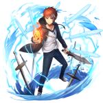  1boy air_current artist_request black_jacket closed_mouth emiya_shirou emiya_shirou_(prisma_illya) fate/kaleid_liner_prisma_illya fate_(series) fire floating floating_object floating_sword floating_weapon floating_weapon_behind_back full_body game_asset grand_summoners holding holding_sword holding_weapon jacket male_focus multicolored_hair multiple_swords multiple_weapons official_art orange_eyes pants planted planted_sword pyrokinesis shirt shoes simple_background sneakers solo streaked_hair summoned_swords sword third-party_source torn_clothes torn_shirt transparent_background weapon weapon_formation white_streaks 
