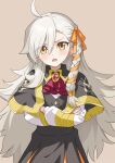  1girl ahoge black_capelet black_skirt black_vest brooch brown_background brown_eyes capelet commentary_request crossed_arms fate/grand_order fate_(series) grey_hair hair_between_eyes hair_ribbon jewelry long_hair long_sleeves looking_at_viewer olga_marie_animusphere olga_marie_animusphere_(young) open_mouth orange_ribbon pleated_skirt puffy_long_sleeves puffy_sleeves ribbon sharp_teeth shirt simple_background skirt solo teeth tsuezu v-shaped_eyebrows very_long_hair vest white_shirt 