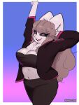 3:4 absurd_res big_breasts black_clothing black_sclera breasts brown_hair clothing female generation_4_pokemon hair hi_res kamino1 lopunny nintendo pokemon pokemon_(species) pose red_eyes simple_background solo