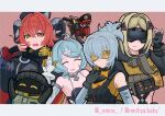  2others 4girls absurdres ahoge asymmetrical_gloves bare_shoulders black_gloves black_hat black_horns blindfold_mask blonde_hair blue_hair blush breasts closed_eyes commentary_request covered_eyes curled_horns dragon_girl dragon_horns dress elbow_gloves fingerless_gloves flower_hairpin gloves goggles green_eyes hair_between_eyes hair_ornament hairclip hat highres horns large_breasts long_hair looking_at_viewer magus_(zenless_zone_zero) mask mechanical_horns mechanical_tail mismatched_gloves mole mole_on_shoulder multiple_girls multiple_others nmn03 open_mouth orange_eyes orange_hair orange_pupils orphie_magnusson pointy_ears ponytail seed_(zenless_zone_zero) short_hair simple_background single_fingerless_glove smile soldier_11_(zenless_zone_zero) sweatdrop tail tinted_eyewear trigger_(zenless_zone_zero) upper_body white_gloves white_hair yellow_gloves zenless_zone_zero zipper_dress 