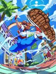  absurdres aircraft animal_ears ass_visible_through_thighs blue_unitard bob_cut breasts brown_eyes brown_hair building bush car cheering chibi_(waku_waku_7) cloud commentary cropped_jacket dirigible dynamic_pose english_commentary english_text fingerless_gloves fisheye flying_kick glasses gloves goggles goggles_on_head green_shirt green_shorts highres kicking long_hair long_skirt makihara_arina megane_(waku_waku_7) monkey_ears monkey_tail motion_lines motor_vehicle multiple_girls noppo_(waku_waku_7) palm_tree pleated_skirt pointy_ears purple_hair rabbit_ears radio red_skirt rhythmshifted shirt shoes shorts signature ski_goggles skin_tight skirt sneakers solo_focus sun surfboard tail tree waku_waku_7 yellow_skirt 