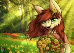 2018 accessory anthro black_nose bloominglynx bouquet brown_hair bust_portrait canid canine clothed clothing day digital_drawing_(artwork) digital_media_(artwork) eyelashes female flower flower_bouquet flower_in_hair forest fox fur green_eyes hair hair_accessory holding_bouquet holding_flower holding_object light long_hair looking_at_viewer mammal mixed_media outside photo_background photography_(artwork) pink_clothing pink_shirt pink_topwear plant portrait shaded shirt solo sunlight tan_body tan_fur topwear tree tulips