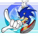  1boy \m/ absurdres animal_ears animal_nose blue_fur finger_gun furry furry_male gloves green_eyes grin highres ketrindarkdragon looking_at_viewer male_focus pointing pointing_up shoes smile sneakers solo sonic_(series) sonic_the_hedgehog white_gloves zoom_layer 