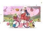  1girl :> =_= bag basket beanie bicycle bicycle_basket black_eyes black_hair blue_flower blue_rose blush blush_stickers boots budew burmy burmy_(trash) cherubi closed_eyes closed_mouth cloud combee commentary dawn_(pokemon) drifloon english_commentary eyelashes flower grass hair_ornament hairclip hat hat_flower highres holding_handlebar in_basket in_container jacket leaf long_hair long_sleeves on_head open_mouth outdoors outline pink_boots pink_flower pink_rose piplup pokemon pokemon_(creature) pokemon_diamond/pearl/platinum pokemon_on_head pokemon_platinum poketch purple_flower red_flower red_jacket rose roselia_(pokemon) scarf sky smile soanjaconnac socks starly tree turtwig twitter_username walking watch white_bag white_flower white_hat white_outline white_scarf white_socks wristwatch yellow_flower 