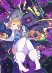  1girl bangboo_(zenless_zone_zero) blonde_hair blue_coat blue_jacket coat commentary_request explosion explosion_background gloves grey_hat grey_helmet hat helmet highres jacket large_hat norma_hollowell purple_eyes shako_cap solo tam-u thighhighs white_gloves white_thighhighs zenless_zone_zero 