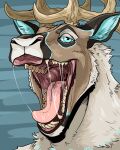 4:5 absurd_res anthro bodily_fluids cedarbou deer drooling first_person_view hi_res imminent_vore looking_at_viewer male mammal mouth_shot new_world_deer open_mouth oral_vore reindeer saliva saliva_string smug smug_face smug_grin solo swampjaws tongue uvula vore