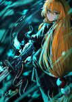  1girl absurdres artist_name black_background black_jacket black_skirt blue_fire chinese_commentary closed_mouth commentary_request expressionless fire from_behind hair_bobbles hair_ornament highres holding holding_sword holding_weapon ishmael_(project_moon) jacket lcd_(identity)_(project_moon) left-handed limbus_company long_hair looking_back low-tied_long_hair miniskirt motion_blur nutsumi47 orange_hair pleated_skirt project_moon pyrokinesis signature skirt solo split_mouth sword turning_head very_long_hair weapon 