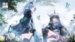  2girls animal_ears arcane_(arknights) arknights arknights:_endfield bird_ears bird_girl black_cape black_gloves black_hair blue_butterfly blue_eyes blue_horns blue_tail bug butterfly cape chen_qianyu_(arknights) chinese_commentary closed_mouth commentary_request copyright_logo copyright_notice dragon_girl dragon_horns dragon_tail eastern_dragon_horns eastern_dragon_tail facial_mark flower forehead_mark gloves head_wings highres horns jiusan_naitang logo long_hair looking_at_viewer multicolored_gloves multiple_girls official_art one_eye_closed open_mouth outdoors sky tail twintails two-sided_gloves two-tone_gloves v white_gloves white_hair wings 