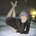  1girl absurdres arm_support barefoot black_bodysuit black_shirt black_shorts bodysuit breasts closed_mouth commentary crossed_ankles diao_guo_yu english_commentary feet_up full_body girls'_frontline grey_hair hand_on_own_cheek hand_on_own_chin hand_on_own_face highres long_sleeves looking_at_viewer lying medium_breasts medium_hair on_bed on_stomach photo_background purple_eyes rpk-16_(girls'_frontline) shirt shorts smile solo the_pose twitter_username 