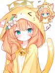  1girl :< animal_costume animal_hood bell blue_archive blush blush_stickers braid cat_hood cat_tail chibi closed_mouth collarbone commentary crossed_bangs double-parted_bangs flower green_eyes hair_flower hair_ornament halo highres hood hood_up jingle_bell long_hair mari_(blue_archive) multiple_views neck_bell open_mouth orange_hair simple_background single_braid subin_(subin_2011) tail tearing_up upper_body white_background white_flower yellow_halo 