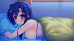 1girl arms_up blanket blue_hair blush breasts closed_mouth from_side game_asset hair_ornament hinata_nao holding holding_pillow hoshimi_asuka indoors large_breasts light_smile long_hair looking_at_viewer lying night nipples non-web_source nose_blush nude official_art on_bed on_stomach one_side_up pillow red_eyes sideboob smile turning_head x_hair_ornament yuuwaku_scramble 