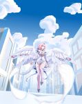  1girl absurdres bare_shoulders blue_sky blush breasts cleavage closed_mouth cloud cloudy_sky day detached_sleeves dress ducclingg feathered_wings full_body hair_intakes high_heels highres large_breasts long_sleeves looking_at_viewer mechanical_wings medium_hair mole mole_on_breast multiple_wings outdoors pink_hair purple_eyes simple_background sky solo thighhighs white_background white_thighhighs white_wings wings zenless_zone_zero 