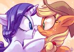 2015 applejack_(mlp) bangs blonde_hair blue_eyes bodily_fluids cartoon_freckles clothing cowboy_hat duo equid equine eyelashes female feral freckled_face freckles friendship_is_magic green_eyes hair hasbro hat hat_only headgear headgear_only headwear headwear_only hooves horn long_eyelashes mammal mostly_nude my_little_pony mythological_creature mythological_equine mythology nose_to_nose orange_body pupils purple_hair rarity_(mlp) side_view simple_background smile sweat unicorn white_body whitediamonds