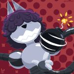 1:1 action_pose anonster anthro black_nose bomb curly_hair digital_media_(artwork) evil_grin explosives extended_arm female fuse grey_body grin hair halftone halftone_background hi_res hidden_eyes humanoid lit_fuse long_arms machine metallic_body pattern_background pixel_(artwork) pointy_ears pose purple_hair red_background robot robot_humanoid sharp_teeth simple_background smile solo spinning_ball teeth toothy_grin watermark