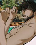  0mxmo 1boy absurdres black_eyes black_hair cigarette closed_mouth dog_tags from_side highres jewelry looking_at_viewer male_focus mature_male necklace original outdoors photo_background short_hair smoking solo 