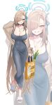  1girl alternate_costume arata_haru asuna_(blue_archive) bag blonde_hair blue_archive blue_eyes blue_halo breasts brown_sweater celery cleavage commentary dongtan_dress doodle_sensei_(blue_archive) dress grey_dress hair_over_one_eye halo highres holding holding_bag jewelry large_breasts long_hair necklace sensei_(blue_archive) slippers smile solo sweater toes very_long_hair zoom_layer 