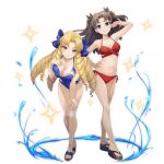  2girls artist_request bikini blue_one-piece_swimsuit blue_ribbon breasts brown_hair closed_mouth drill_hair fate/kaleid_liner_prisma_illya fate_(series) full_body game_asset grand_summoners green_eyes hair_flip hair_ribbon hand_on_own_hip hand_on_own_thigh large_breasts leaning_forward looking_at_viewer luviagelita_edelfelt multiple_girls navel official_art one-piece_swimsuit red_bikini ribbon sandals simple_background smile swimsuit third-party_source tohsaka_rin transparent_background yellow_eyes 