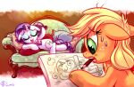 2015 applejack_(mlp) bangs blonde_hair blue_eyeshadow bodily_fluids cartoon_freckles drawing_(action) duo equid equine eyelashes eyes_closed eyeshadow freckled_face freckles friendship_is_magic furniture green_eyes hair hasbro hooves horn long_eyelashes lying makeup mammal my_little_pony mythological_creature mythological_equine mythology object_in_mouth open_mouth orange_body pencil_(object) pupils purple_hair rarity_(mlp) smile sofa sweat unicorn white_body whitediamonds