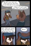 2:3 anthro backpack barefoot black-kitten blue_eyes blue_sky brown_body brown_fur buckteeth canid canine canis city clothed clothing colored comic day dialogue domestic_dog duo english_text feet female fur green_eyes hair handbag hat headgear headpat headwear hi_res highlights_(coloring) hybrid ken_(black-kitten) lagomorph leporid light long_ears male mammal maya_(black-kitten) open_mouth outside pawpads rabbit red_highlights size_difference sky speech_bubble tail teeth text thought_bubble walking
