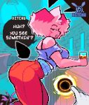 2026 ambiguous_gender ambiguous_pov anthro artist_logo artist_name bar big_breasts big_butt black_ears black_speech_bubble black_tail bottomwear breasts butt character_name clothed clothed_anthro clothed_female clothing countershade_torso countershading digital_media_(artwork) ditchu ditchu_(ditchu) duo english_text female female_anthro first_person_view fur hair hi_res inside lagomorph leaning leaning_forward leporid logo looking_at_viewer mammal narrowed_eyes open_mouth outline pants pink_body pink_fur pink_hair pixel_(artwork) purple_clothing purple_eyes purple_mouth purple_topwear question_mark rabbit red_bottomwear red_clothing red_pants scut_tail short_tail side_view speech_bubble tail teeth text thick_thighs topwear white_body white_countershading white_fur white_outline white_sclera white_text