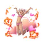  1girl arms_up artist_request bikini blonde_hair chloe_von_einzbern dark-skinned_female dark_skin fate/kaleid_liner_prisma_illya fate_(series) fire flat_chest full_body game_asset grand_summoners hair_bobbles hair_ornament happy heart long_hair navel official_art open_mouth orange_eyes pink_bikini sandals simple_background solo swimsuit third-party_source transparent_background twintails 