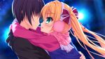  1boy 1girl arms_around_neck black_hair black_jacket blonde_hair blue_jacket bow closed_mouth earmuffs face-to-face faceless faceless_male floating_hair from_side game_asset hair_bow hinata_nao hood hooded_jacket hoshimi_miku hug jacket leaning_forward long_hair multicolored_jacket night non-web_source official_art open_mouth outdoors pink_scarf profile red_bow scarf short_hair standing star_(sky) twintails two-tone_jacket yuuwaku_scramble 