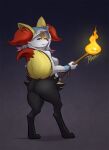anthro big_butt black_body black_fur blush braixen breasts butt cheek_tuft clothing digitigrade dipstick_tail eyelashes facial_tuft feet female female_anthro fire fur generation_6_pokemon hi_res holding_object holding_stick hoodie inner_ear_fluff looking_at_viewer looking_back looking_back_at_viewer markings medium_breasts nintendo orange_eyes orange_nose pokemon pokemon_(species) rayzoir rear_view smile solo stick tail tail_markings thick_thighs topwear tuft white_body white_fur wide_hips yellow_body yellow_fur