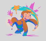  1boy :d ^_^ brown_hair closed_eyes commentary curious_george english_commentary full_body george_(curious_george) grey_background happy highres kansokusha male_focus monkey open_mouth paint paint_splatter paint_splatter_on_face rainbow simple_background smile solo star_(symbol) 