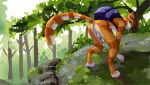 absurd_res all_fours anthro backpack backpack_only backsack balls butt digital_media_(artwork) domestic_cat feet felid feline felis fingers flaccid florest fur genitals hair hi_res hiking humanoid_genitalia humanoid_penis looking_at_viewer looking_back male mammal nude outdoor_nudity outside penis plant smile solo tail tazal tazal_(character) toes tree whiskers