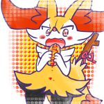 1:1 2024 ambiguous_anthro ambiguous_gender annyui0611 anthro biped blush blush_stickers bodily_fluids bow_ribbon braixen canid cute_fangs digital_drawing_(artwork) digital_media_(artwork) dipstick_tail drooling dutch_angle fangs food front_view generation_6_pokemon hi_res hot_dog japanese_description mammal markings meat messy_eater nintendo object_in_tail open_:3 open_mouth pokemon pokemon_(species) portrait saliva simple_background snout solo standing stick stick_in_tail tail tail_markings teeth three-quarter_portrait translated_description