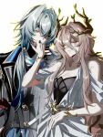  1boy 1girl anaxa_(honkai:_star_rail) bare_shoulders black_jacket blue_eyes breasts brown_eyeliner brown_hair calypso_(honkai:_star_rail) cleavage closed_eyes closed_mouth clothing_cutout commentary dress eyeliner eyepatch green_hair hair_between_eyes hair_intakes hair_over_shoulder hand_on_another's_face hand_up highres honkai:_star_rail honkai_(series) horns jacket large_breasts long_hair long_hair_between_eyes makeup one_eye_covered ponytail shoulder_cutout simple_background tnndgwg tree_horns upper_body white_background white_dress 
