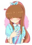  1girl blue_ribbon blue_shirt blush brown_hair closed_mouth collared_shirt commentary_request covered_eyes cropped_torso flat_chest hair_ornament hair_over_eyes hair_ribbon hand_up heart heart_hair_ornament kiratto_pri_chan long_hair moudoku_(decopon3rd) nijinosaki_dia ponytail pretty_series ribbon shirt sidelocks smile solo variant_set very_long_hair 