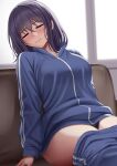  1girl black_hair blue_jacket blue_pants blue_track_suit breasts closed_eyes clothes_pull commentary_request couch crossed_bangs feet_out_of_frame huyumitsu jacket large_breasts medium_hair original pants pants_pull sleeping smile solo track_jacket track_pants track_suit 