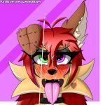 1:1 absurd_res anthro blush bodily_fluids canid canine canis collar cum cum_in_mouth cum_inside cum_on_face digital_media_(artwork) domestic_cat domestic_dog fangs felid feline felis female floppy_ears freckles fur genital_fluids green_eyes hair heterochromia hi_res hybrid limpidream lumi_star mammal open_mouth piercing purple_eyes red_hair sex simple_background solo teeth tongue tongue_out